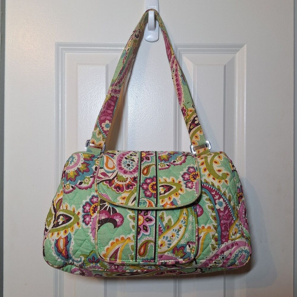 Vera Bradley Tutti Frutti Green Pink Floral Paisley Flap Closure Shoulder Bag